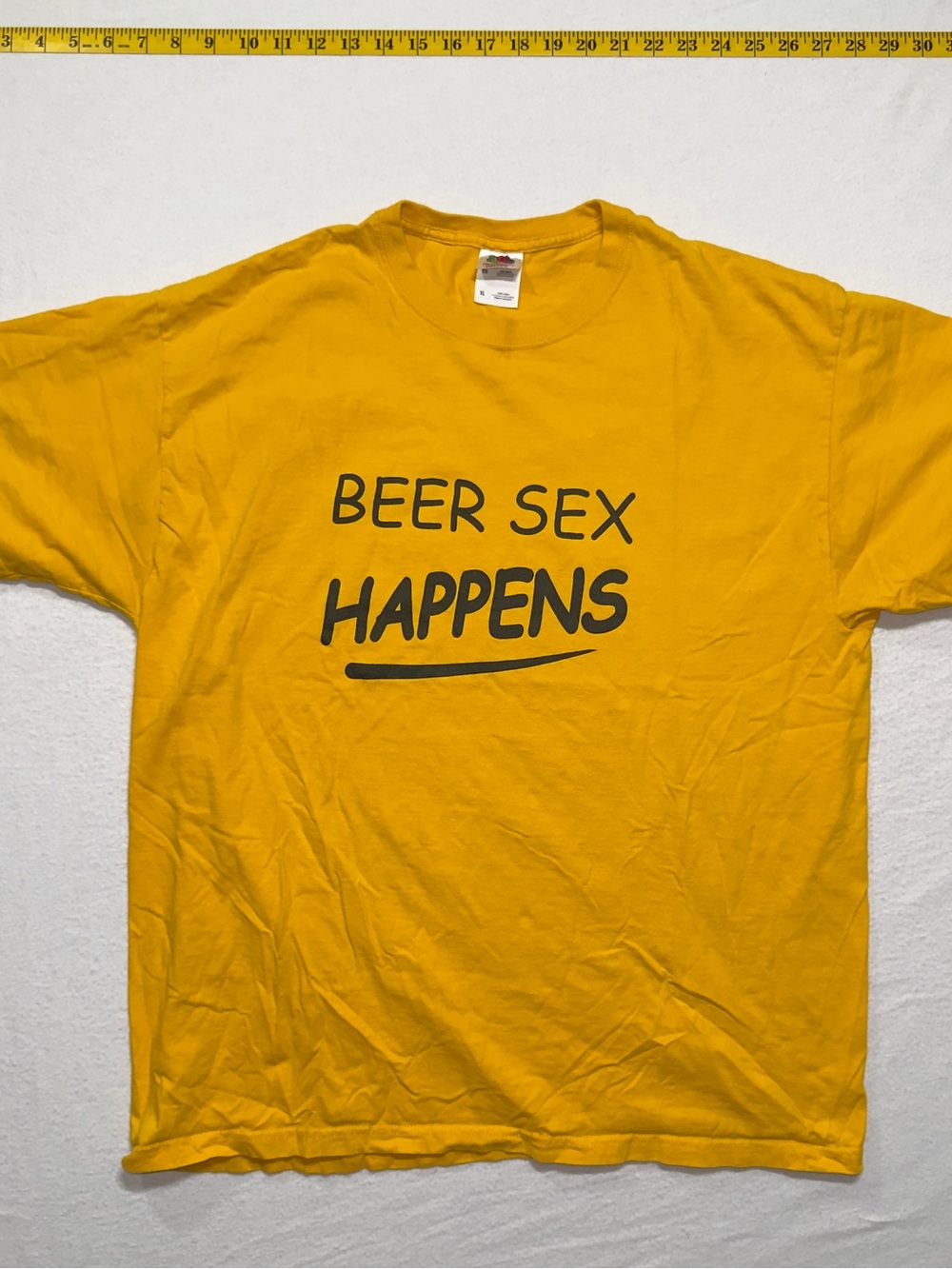Fruit of the Loom Yellow Short Sleeve Tee with Black 'Beer Sex Happens' Graphic